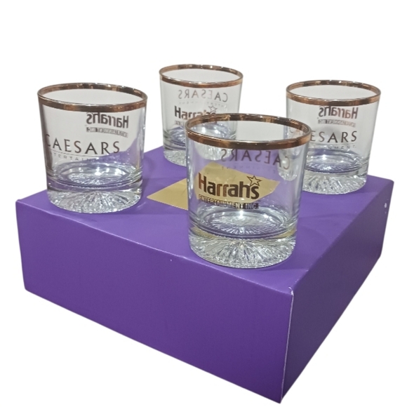 VTG Caesars Harrahs Casino Box Set Whiskey Lowball Glasses - Picture 5 of 12